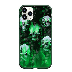 Чехол iPhone 11 Pro матовый Зелёные черепа на зелёном фоне, цвет: 3D-темно-зеленый