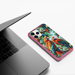 Чехол iPhone 11 Pro матовый Попугаи Ара - тропики джунгли, цвет: 3D-малиновый — фото 2