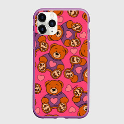 Чехол iPhone 11 Pro матовый Мишки игрушки в розовых свитерах и сердечки, цвет: 3D-фиолетовый