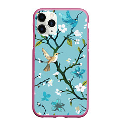Чехол iPhone 11 Pro матовый Колибри ветка цветущего сада, цвет: 3D-малиновый