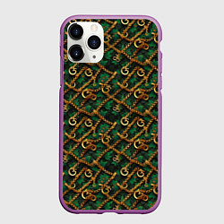 Чехол iPhone 11 Pro матовый Золотая цепочка на зеленой ткани, цвет: 3D-фиолетовый