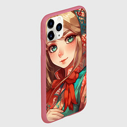 Чехол iPhone 11 Pro матовый Русская девушка в аниме стиле в платке и с плюшево, цвет: 3D-малиновый — фото 2