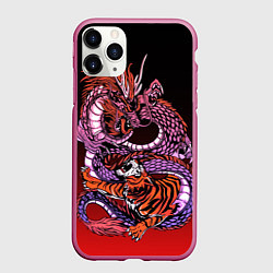 Чехол iPhone 11 Pro матовый Дракон и тигр в год дракона, цвет: 3D-малиновый