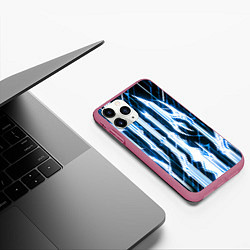 Чехол iPhone 11 Pro матовый Синие неоновые полосы на чёрном фоне, цвет: 3D-малиновый — фото 2