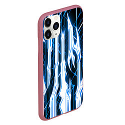 Чехол iPhone 11 Pro матовый Синие неоновые полосы на чёрном фоне, цвет: 3D-малиновый — фото 2