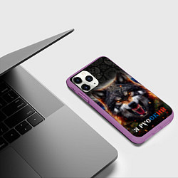 Чехол iPhone 11 Pro матовый Русский волк на фоне флага России, цвет: 3D-фиолетовый — фото 2