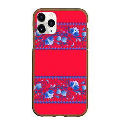 Чехол iPhone 11 Pro матовый Голубая гжель на красном фоне, цвет: 3D-коричневый