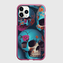 Чехол iPhone 11 Pro матовый Черепа с цветами синие, цвет: 3D-малиновый