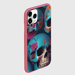 Чехол iPhone 11 Pro матовый Черепа с цветами синие, цвет: 3D-малиновый — фото 2