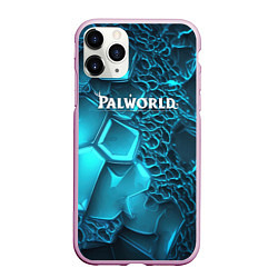 Чехол iPhone 11 Pro матовый Palworld логотип на ярких синих неоновых плитах, цвет: 3D-розовый