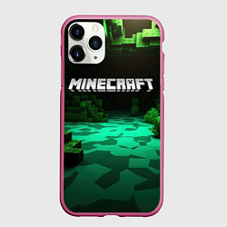 Чехол iPhone 11 Pro матовый Minecraft logo зеленый яркий мир, цвет: 3D-малиновый
