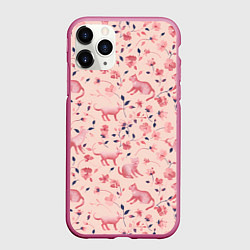 Чехол iPhone 11 Pro матовый Розовый паттерн с цветами и котиками, цвет: 3D-малиновый