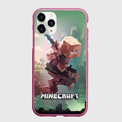 Чехол iPhone 11 Pro матовый Персонаж Minecraft ниндзя в прыжке, цвет: 3D-малиновый