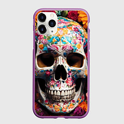 Чехол iPhone 11 Pro матовый Яркие цветы и череп, цвет: 3D-фиолетовый