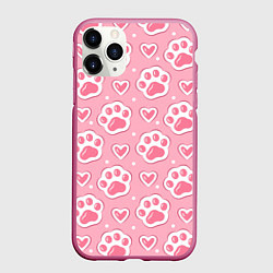Чехол iPhone 11 Pro матовый Кошачьи лапки и сердечки, цвет: 3D-малиновый
