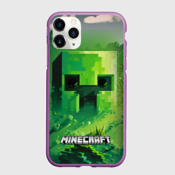 Чехол iPhone 11 Pro матовый Minecraft зеленый персонаж в мире пикселей, цвет: 3D-фиолетовый