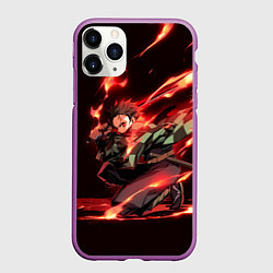 Чехол iPhone 11 Pro матовый Тандзиро пламя, цвет: 3D-фиолетовый
