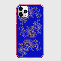 Чехол iPhone 11 Pro матовый Узоры на синем, цвет: 3D-малиновый
