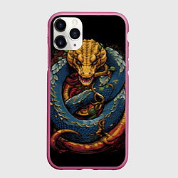 Чехол iPhone 11 Pro матовый Желто-синий дракон муай-тай, цвет: 3D-малиновый