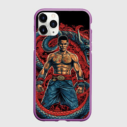 Чехол iPhone 11 Pro матовый Боец Муай-тай и огромный дракон, цвет: 3D-фиолетовый