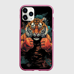 Чехол iPhone 11 Pro матовый Тигр в стойке тайский бокс, цвет: 3D-малиновый