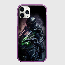 Чехол iPhone 11 Pro матовый Мотоциклист на спортивном байке черный фон, цвет: 3D-фиолетовый