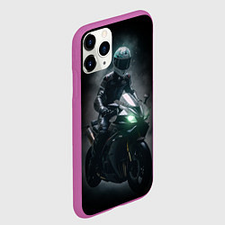 Чехол iPhone 11 Pro матовый Мотоциклист на спортивном байке черный фон, цвет: 3D-фиолетовый — фото 2