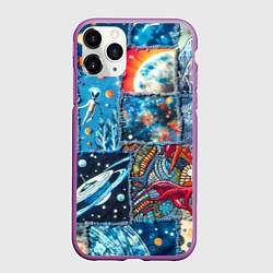 Чехол iPhone 11 Pro матовый Космические обитатели на дениме, цвет: 3D-фиолетовый