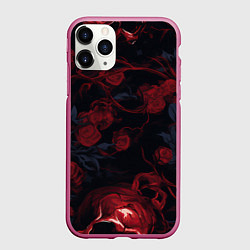 Чехол iPhone 11 Pro матовый Черепа и алые розы, цвет: 3D-малиновый