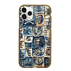 Чехол iPhone 11 Pro матовый Пираты на пэчворк дениме, цвет: 3D-коричневый
