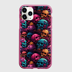 Чехол iPhone 11 Pro матовый Поле яркий черепов и цветов, цвет: 3D-малиновый
