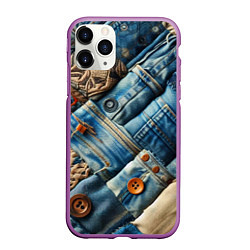 Чехол iPhone 11 Pro матовый Джинсовый пэчворк с пуговицами - мода, цвет: 3D-фиолетовый