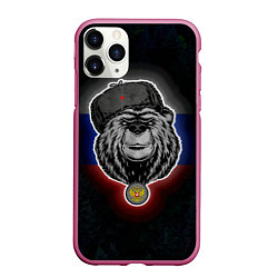 Чехол iPhone 11 Pro матовый Медведь с символикой РФ, цвет: 3D-малиновый