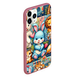 Чехол iPhone 11 Pro матовый Funny hare and his friends - patchwork, цвет: 3D-малиновый — фото 2