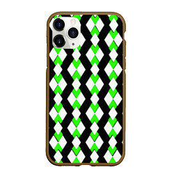 Чехол iPhone 11 Pro матовый Зелёные и белые ромбы на чёрном фоне, цвет: 3D-коричневый