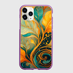 Чехол iPhone 11 Pro матовый Золотые и бирюзовые листья абстракция, цвет: 3D-фиолетовый