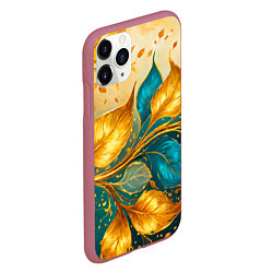 Чехол iPhone 11 Pro матовый Листья абстрактные золото и бирюза, цвет: 3D-малиновый — фото 2