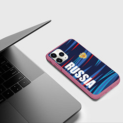 Чехол iPhone 11 Pro матовый Россия - blue stripes, цвет: 3D-малиновый — фото 2