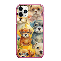 Чехол iPhone 11 Pro матовый Красочный паттерн с щенками, цвет: 3D-малиновый