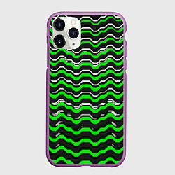 Чехол iPhone 11 Pro матовый Белые и зелёные полосы на чёрном фоне, цвет: 3D-фиолетовый