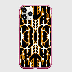 Чехол iPhone 11 Pro матовый Техно белые линии с жёлтой обводкой на чёрном фоне, цвет: 3D-малиновый