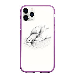 Чехол iPhone 11 Pro матовый Рыба лайн арт стиль, цвет: 3D-фиолетовый