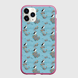 Чехол iPhone 11 Pro матовый Маленькие птицы на скалах, цвет: 3D-малиновый