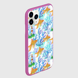 Чехол iPhone 11 Pro матовый Золотая рыбка и кораллы акварельные, цвет: 3D-фиолетовый — фото 2