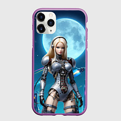 Чехол iPhone 11 Pro матовый Кибер Барби из будущего под луной - нейросеть, цвет: 3D-фиолетовый