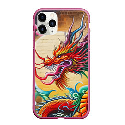 Чехол iPhone 11 Pro матовый Дракон на фоне солнца и сакуры - граффити, цвет: 3D-малиновый
