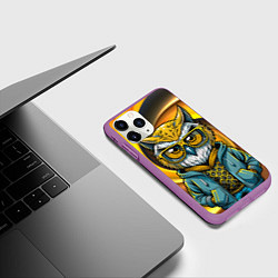 Чехол iPhone 11 Pro матовый Модная сова и желтый спиральный фон, цвет: 3D-фиолетовый — фото 2