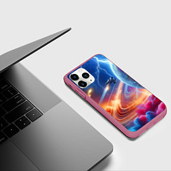 Чехол iPhone 11 Pro матовый Полёт к сатурну - нейросеть, цвет: 3D-малиновый — фото 2