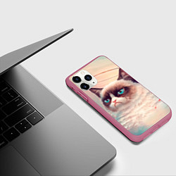 Чехол iPhone 11 Pro матовый Мемный кот Grumpy Cat с нимбом, цвет: 3D-малиновый — фото 2