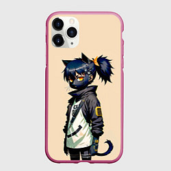 Чехол iPhone 11 Pro матовый Прикольная чёрная кошечка - нейросеть, цвет: 3D-малиновый
